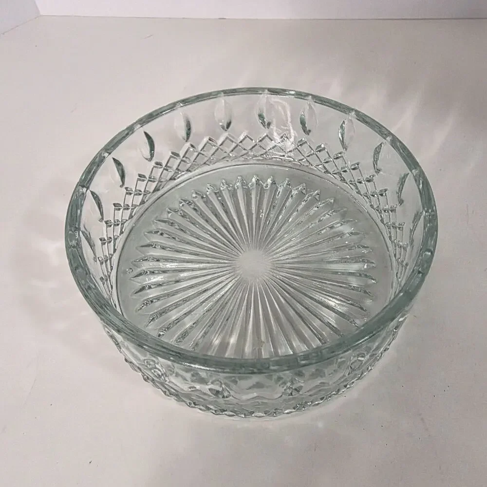 Vintage Clear Pressed Glass Serving Bowl Fleur De Lis Trellis Starburst